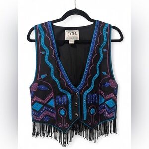 Vintage Women's Black and Blue Embellished Vest